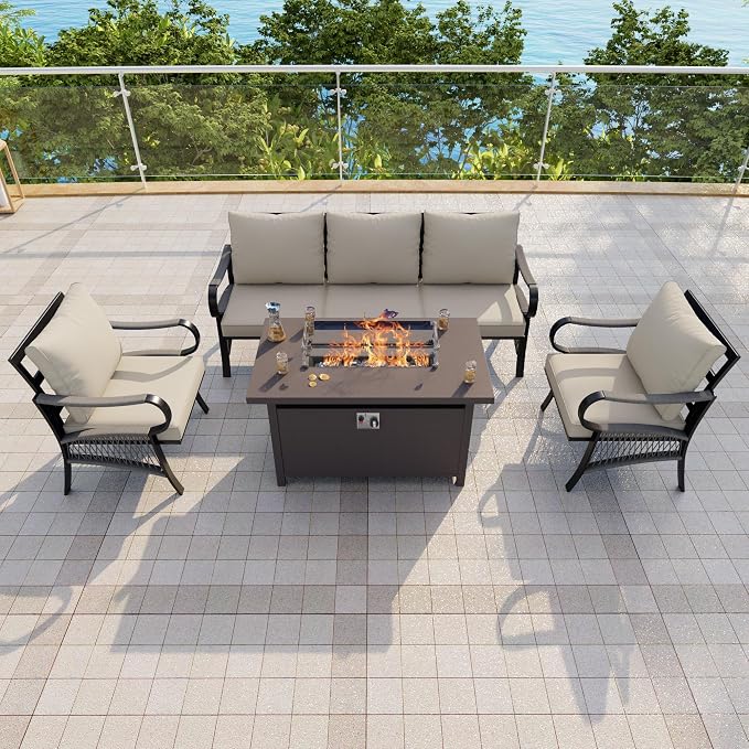 4-Piece Outdoor Furniture Set, Patio Conversation Set Include 3-Seater Sofa Couch Single Chairs with Fire Pit Table for Deck, Porch, Garden, Backyard, Poolside (Beige Cushions)