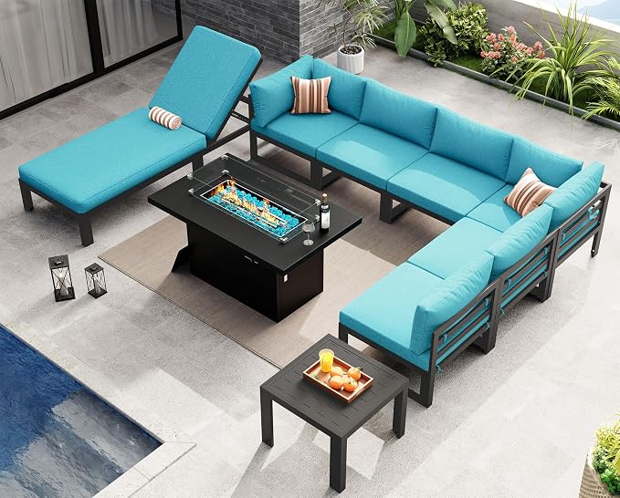 NICESOUL 9 Pcs Oversized Modern Aluminum Patio Furniture Set, All Weather Modular Sectional Sofa with Lounge Chair & Fireplace, 500 lbs Heavy Duty Comfortable Outdoor Couch for Poolside Backyard, Teal