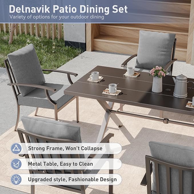 Kurapika 7 Piece Patio Dining Set Outdoor Furniture, Metal Patio Furniture Set 6 Fixed Chairs and Large Table with Umbrella Cutout for Deck Garden Yard Porch, Grey