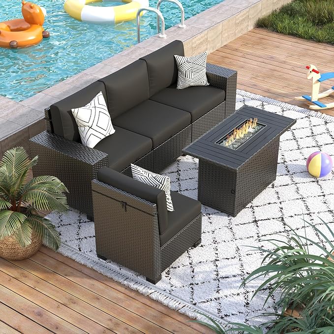 5 Piece Patio Furniture Set with Fire Pit Table, Outdoor Sectional Conversation Sets Black Wicker Rattan Sectional Sofa for Patio Garden Backyard, 4'' Thickened Cushion Black