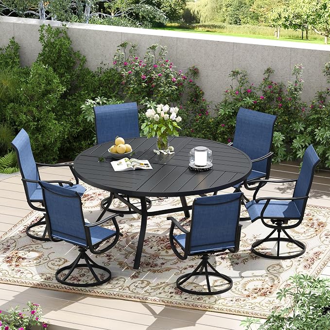 7 Pieces Patio Furniture Dining Set, 6 Textilene Swivel Dining Chairs, 53" Outdoor Round Metal Table with 1.57" Umbrella Hole, Outdoor Dining Set for Porch, Lawn, Garden, Black/Blue
