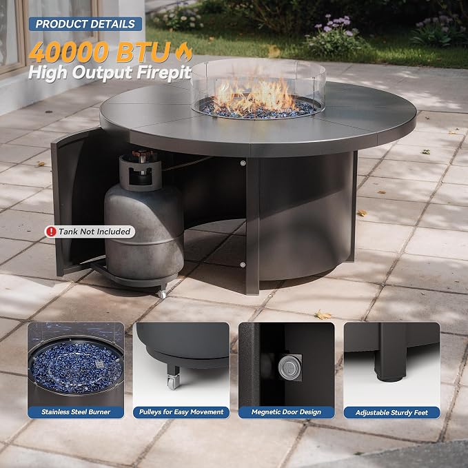 Kurapika 5 Piece Outdoor Conversation Sets, Patio Furniture Set, 4 Textilene Fabric Swivel Chairs and w/48in Propane Round Fire Pit Table for Deck Garden Backyard Porch,Brown