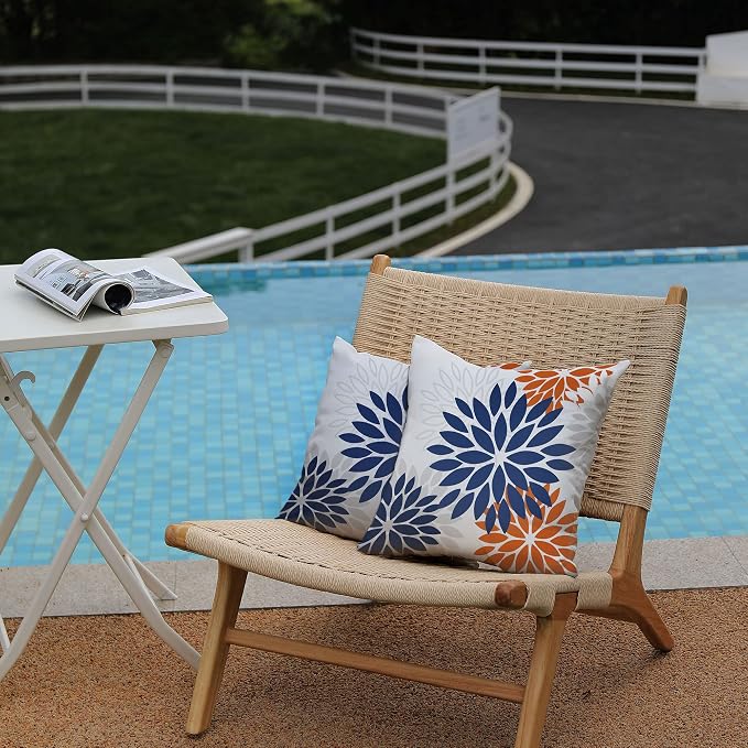 DFXSZ Outdoor Waterproof Pillow Covers 18x18 Set of 2 Blue Orange Flower | Spring Summer Waterproof Flower Throw Pillowcases（No Inserts）Outdoor Decor for Fall Patio Funiture Garden Polyester Covers