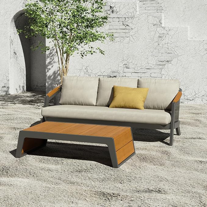 2 Pieces Patio Furniture Set Outdoor Sectional Sofas Patio Conversation Sets Aluminum Sofa Set with Teak Coffee Table & Armrests, Grey