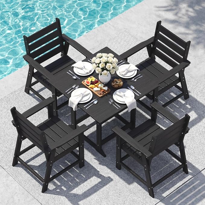 5 Piece Patio Dining Set, HDPE All-Weather Furniture with 4 Chairs & 1 Square Table, for Backyard, Garden, Garden, Black