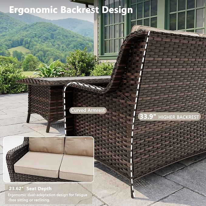 Outdoor Patio Furniture Set,7 Pieces 7 Seats Outdoor Sectional Furniture All Weather Thick PE Rattan Wicker Patio Conversation Set with Ottoman & Coffee Table,Swivel Rocking Chairs Set,Sand