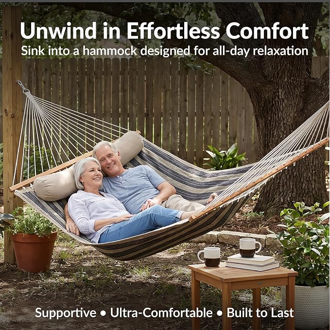 Sunnydaze Quilted Double Hammock for Outside with Spreader Bars and Pillow - 450 lb Capacity, 74x55 Inch Bed, UV Resistant, Quick Dry - Chains Included, Stand Sold Separately - Mountainside