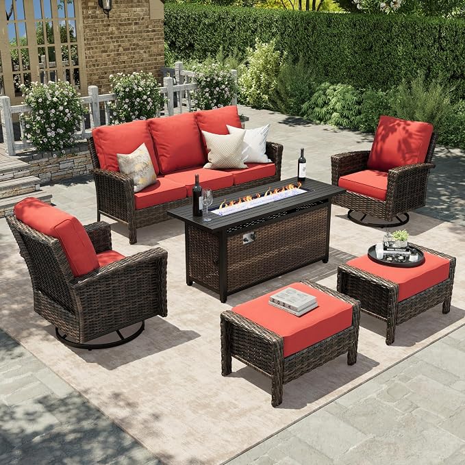 HERA'S HOUSE Red Patio Furniture Set, 6-Piece Outdoor Seating Conversation Sets with High Back Wicker Sofa, Swivel Chairs with 5.5" Thick Cushions, Fire Pit Table & Ottomans for Deck Yard Garden