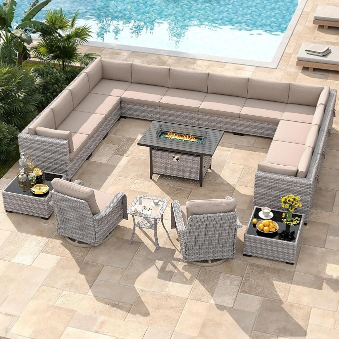 14-Seat Outdoor Wicker Patio Furniture Set with Fire Pit Table, Modular Rattan Sectional Sofa & 2 Swivel Rocking Chairs, 4" Thick Cushions, Rust-Resistant Frame,Beige