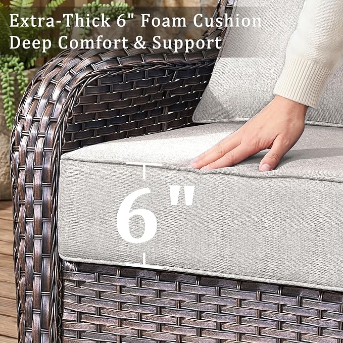 Luxury 6" Thick Cushion 9 Pieces Wicker Patio Furniture Set with 41”Fire Table, Outdoor Conversation Set with Patio Couch and Swivel Rocker Chairs for Deck Porch Yard and Poolside