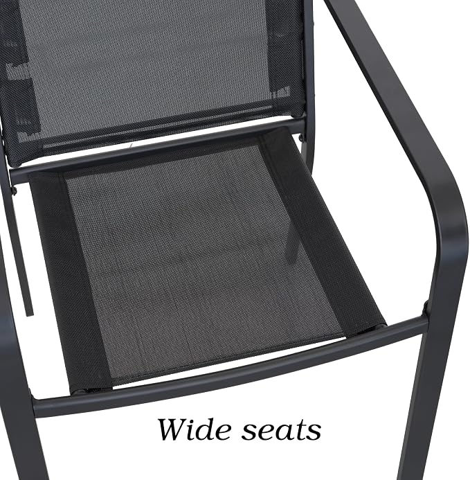 Anmutig 7 Piece Patio Dining Set 54 Inch Round Table Stackable Chairs Black | Powder-Coated Steel Frame, Quick-Dry Textilene Mesh, Dual-Size Umbrella Hole, Weather Resistant, Patio, Garden, Backyard