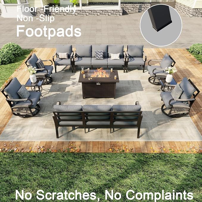 11 Pieces Patio Furniture Set, Metal Outdoor Conversation Sets with Fire Pit Table and Swivel Chairs for Backyard Garden Deck Porch Poolside (Thick Gray Cushions)