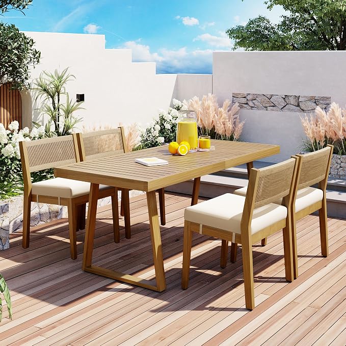 LUMISOL 5 Piece Outdoor Dining Table Set, Acacia Wood Dining Table and Chairs Set with Thick Cushions, Farmhouse Kitchen Table Set for Indoor and Outdoor, Beige