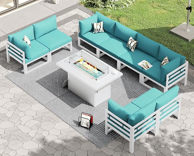 RADIATA 8 Person Modern Aluminum Outdoor Patio Furniture Set with Fireplace, 29 inch Wide Deep Seating, Fade Resistant L-Shaped Sectional Couch, Plus Size Conversation Set for Backyard Terrace, Teal