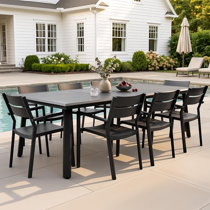 9-Piece Aluminum Outdoor Dining Set with Stackable Armchairs | 82" Large Rectangular Patio Table Rust Proof Outdoor Furniture with Umbrella Hole for Lawn Garden Deck