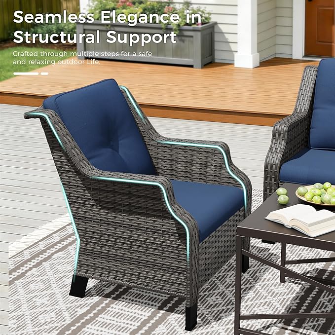Outdoor Patio Furniture Set, 5 Piece Wicker Patio Furniture with Thick Cushions, Curved Armrest, Deep Seating, Rattan Outdoor Chairs for Porch, Deck, Balcony