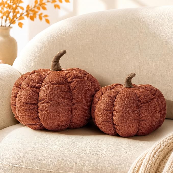 AELS Pumpkin Throw Pillows Set of 2, 14" & 10" Cinnamon Fall Pillows | for Couch Sofa Bed Living Room Home Decor, Farmhouse Textured 3D Fall Halloween Thanksgiving Decorative Accent Pillows