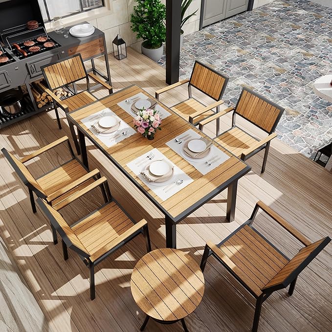 8-Piece Patio Dining Set, Outdoor Weather-Resistant Plastic-Wood Table & 6 Stackable Chairs, Outdoor Durable Aluminum Frame Furniture for Garden, Poolside, Backyard, Orange