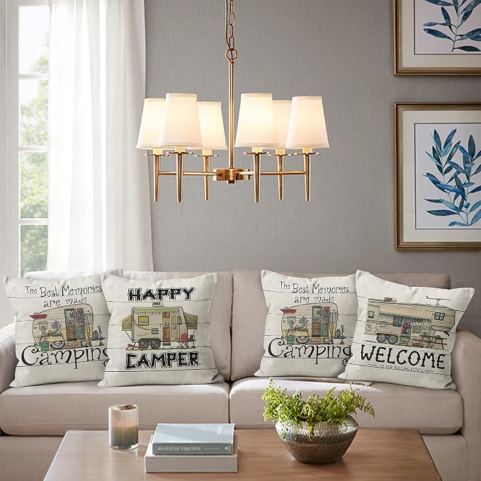 4 Pack Camper Pillow Covers - 18x18, White & Navy Blue, Letter Print, RV & Home Decor