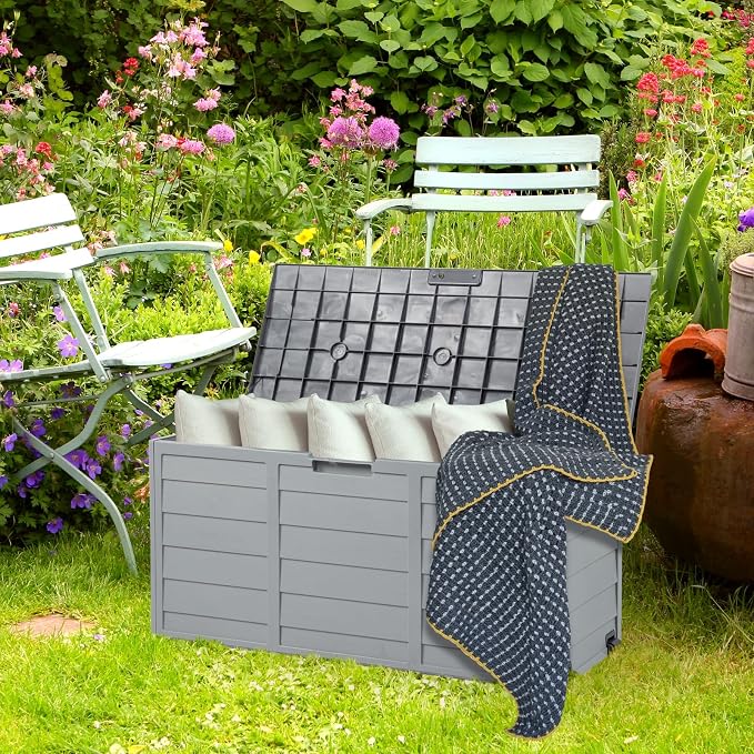 VINGLI 75 Gallon Resin Outdoor Deck Box, 75 Gallon Patio Storage Box with Side Handles, Lockable Storage Containers for Patio Furniture Cushions, Pool Accessories, Garden Tools, Grey