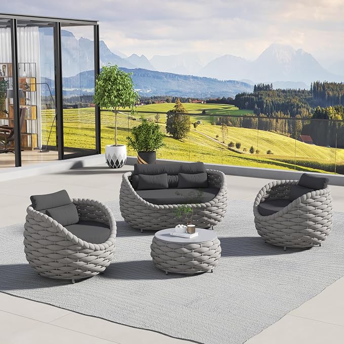 4-Piece Aluminum Wicker Patio Furniture Set, All Weather Rattan Conversation Sofa with Waterproof Cushion & Round Coffee Table, Indoor Balcony Backyard Sectional Couch, Dark Grey