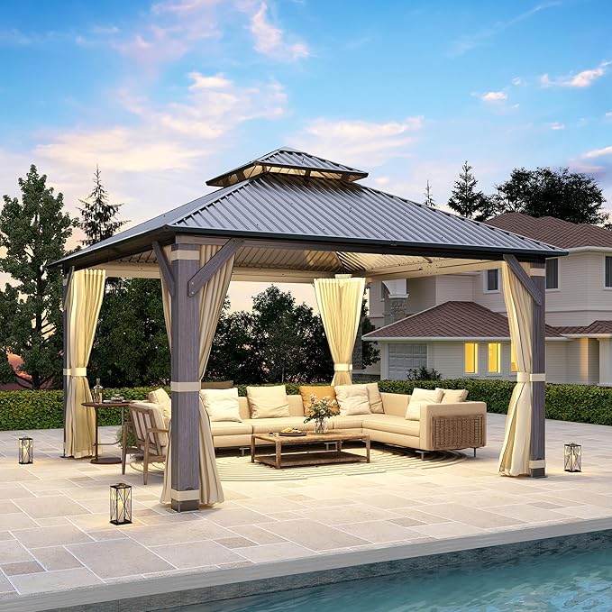 12' x12' Wood Gazebo, Outdoor Hardtop Gazebo with Wood Posts and Galvanized Steel Doule Roof, Wooden Frame Gazebos with Netting and Curtains for Patio Backyard Deck Garden