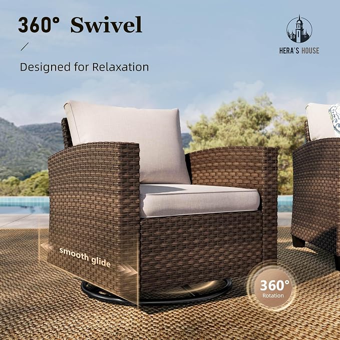 HERA'S HOUSE Swivel Glider Patio Furniture Set with Fire Pit Table, 9 Pieces Outdoor Seating Furniture Wicker Conversation Sets for Deck Backyard Lawn, Beige