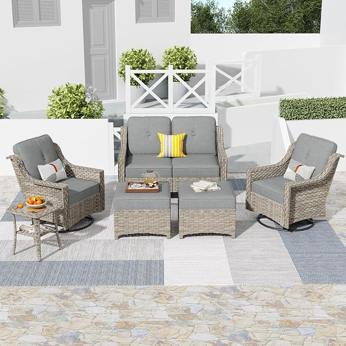 HOOOWOOO 6 Piece Patio Furniture Conversation Sets with Swivel Rocking Chairs,Outdoor Wicker Furniture with Ottoman,All Weather Resistant High Back Rattan Conversational Set(Dark Grey Gray)