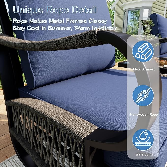 4 Pieces Patio Furniture Set, Outdoor All Weather Metal Conversation Sets with 2 Single Chairs, 1 Loveseat Sofa, 1 Coffee Table for Backyard, Garden, Deck, Blue