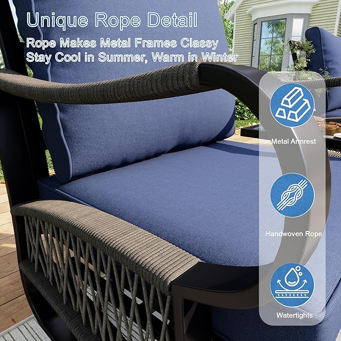 7 Pieces Patio Furniture Set, Metal Outdoor Conversation Sets with Fire Pit Table and Swivel Chairs for Backyard Garden Deck Porch Poolside (Thick Blue Cushions)