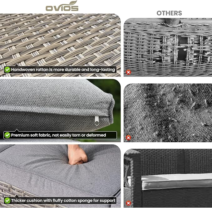 ovios 8-Piece Patio Furniture Set with L-Shape Sofa Chaise, Outdoor Sectional Couch Swivel Gliders Solar Table, Modern Modular Wicker Rattan Conversation Set, Dark Grey