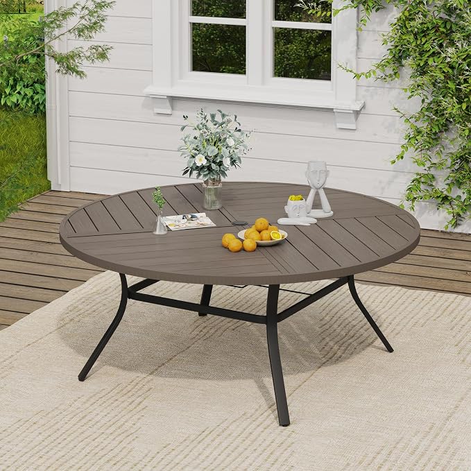 VICLLAX Patio Dining Set, 63.1" Grey Table & 6 Chairs with Wheat Cushion | Outdoor Table and Chairs Set of Round Metal Patio Table, Outdoor Dining Chairs with Metal Frame, Garden Deck Porch