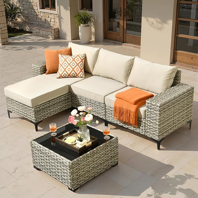 ovios 5-Piece Patio Furniture Set with L-Shape Sofa Chaise, Outdoor Sectional Couch Coffee Table, Modern Modular Wicker Rattan Conversation Set, Beige