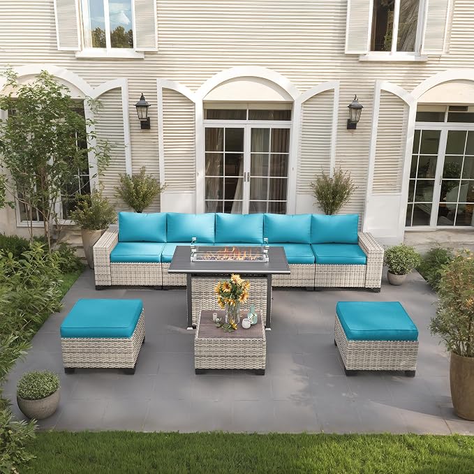9-Piece Outdoor Patio Furniture Set with 55,000 BTU Fire Pit Table, PE Wicker Rattan Sectional Sofa Patio Conversation Set with Ottomans & Coffee Table, Turquoise