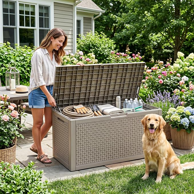 EasyUp 110 Gallon Deck Boxes Outdoor Waterproof, Resin Outside Storage Box for Patio Cushion Furniture Pool Accessories Garden Tools Indoor Outdoor Storage Bench (110 Gallon, Grey)