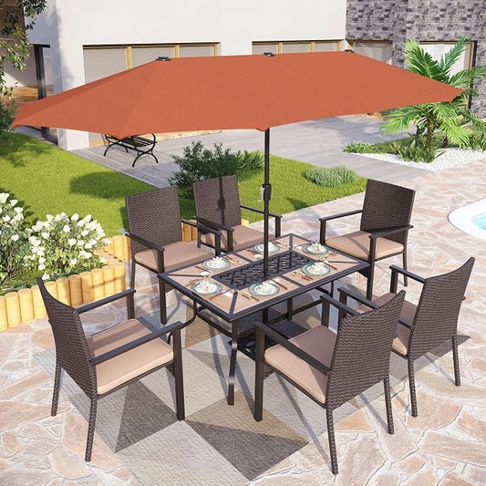 PHI VILLA 7pc Patio Dining Set with Umbrella, Wood-top Table, Rattan Chairs | 61" Wood-top dining table, 6 cushioned rattan wicker chairs, 13ft red umbrella. Perfect for patio, deck, yard, or porch.