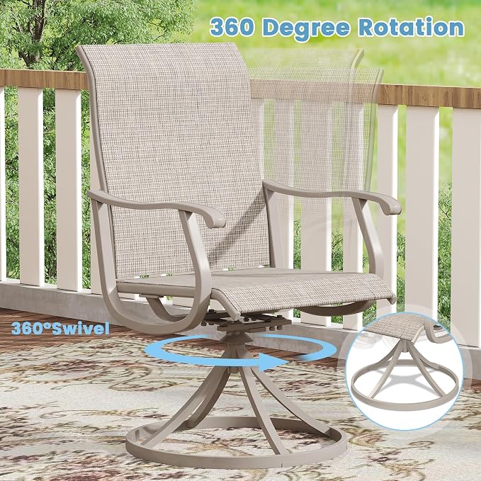 DIFY Outdoor Dining Set for 8, 9 Piece Patio Table and Chairs Set, Swivel Patio Chairs with Sandshell Textilene & 63" Grey Wood-Like Round Metal Dining Table with Umbrella Hole, for Garden Backyard