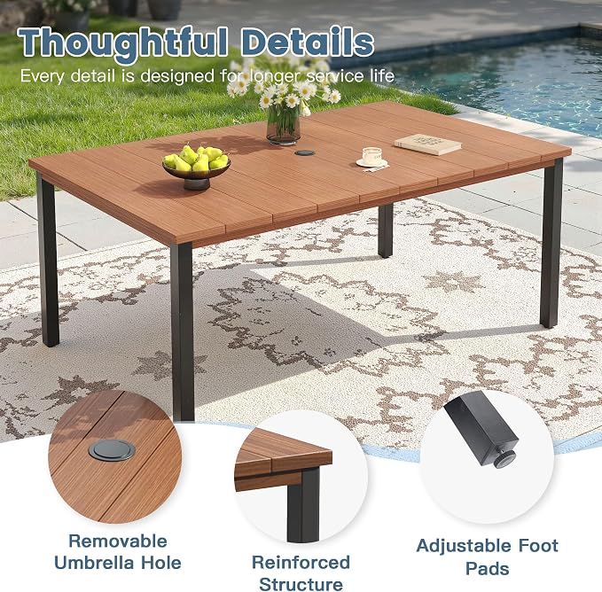 DIFY 7 Pieces Outdoor Dining Set, Metal Patio Table and Chairs Set for 6 with Umbrella Hole, 63" Walnut Rectangle Table and Brown Textilene Swivel Patio Chairs for Garden, Backyard, Poolside
