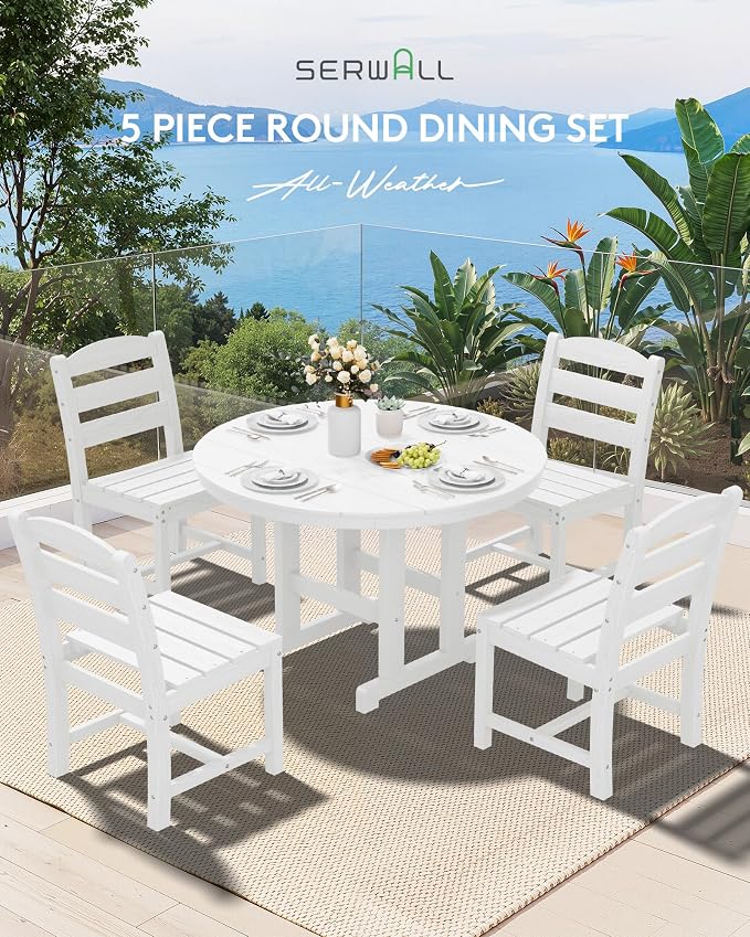 SERWALL 6-Piece Patio Dining Sets, HDPE Outdoor Table and Chairs Furniture Set with Umbrella, 45" Round Dining Table & 4 Armless Dining Chairs & 1 9FT Umbrella, White(Not Include Umbrella Base)