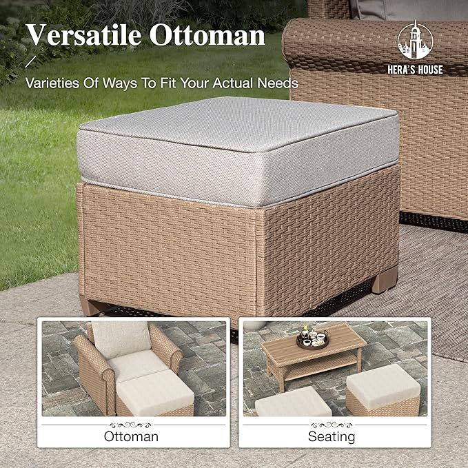 HERA'S HOUSE 5 Pieces Patio Furniture Set, All Weather 7 Seats Outdoor Wicker Sofa with Ottoman, 5.5" Thick Waterproof Cushion Conversation Set for Garden Deck Backyard, Beige