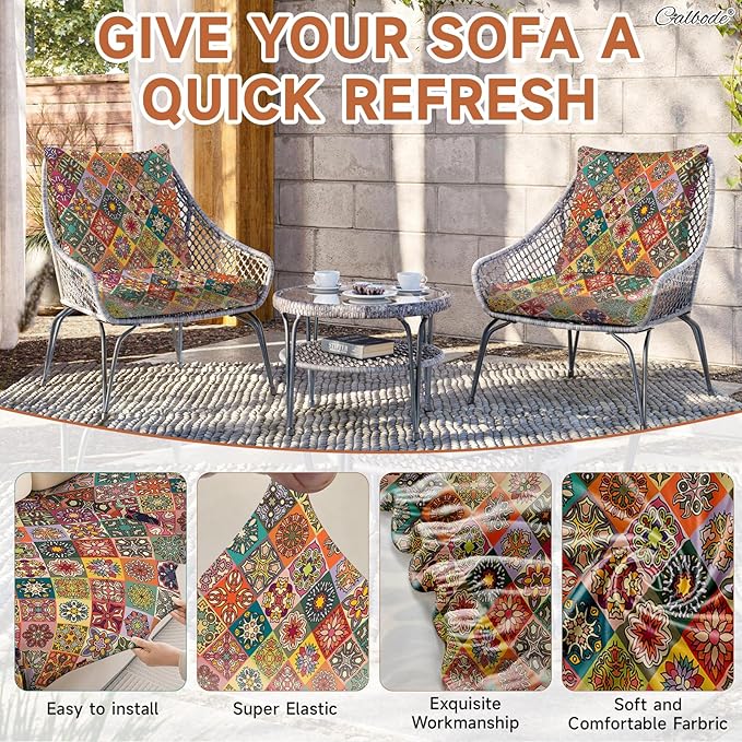 CALBODE 8Pcs Stretch Patio Cushion Cover, Bohemian Colored Geometric Pattern Couch Covers for Patio Furniture Cushions Washable Reusable Couch Covers Replacement for Fall Winter(Cover Only)