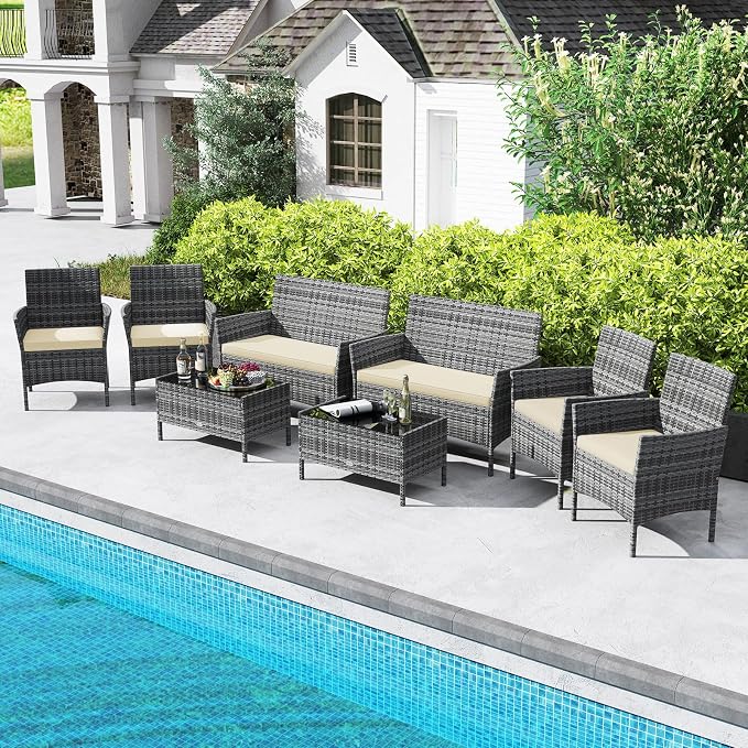 RELAX4LIFE 8-Piece Patio Furniture Set - Rattan Outdoor Conversation Bistro Set w/Cushions, Glass Coffee Table, Wicker Chairs & Loveseat for Pool Garden Backyard Porch Balcony (2, Mix Grey-Beige)