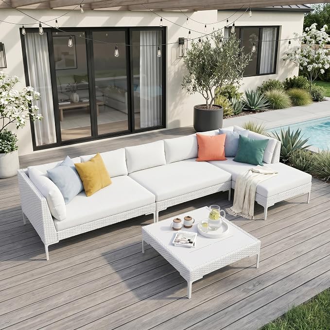 Luxury Patio Furniture Set 6 Seater Large Modular L-Shaped Outdoor Sectional with Thick Cushion & Deep Seat Oversized White Wicker Patio Conversation Sets for Backyard, Deck