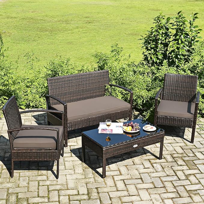 Outdoor Conversation Set 8 Pieces Patio Furniture, Wicker Patio Chair Sofa Set with Water-Resistant Dark-Brown Cushion & Tempered Glass Table for Backyard, Balcony, Porch(Brown)