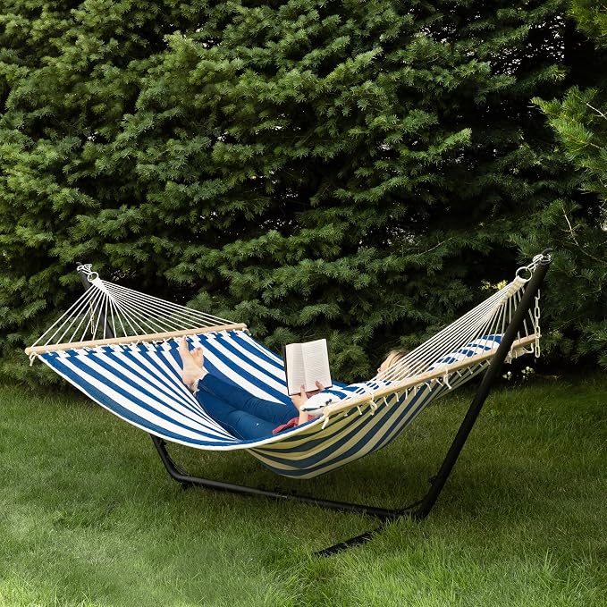 Striped Quilted Two Person Double Hammock with Pillow - 9' x 55" - Blue and Cream