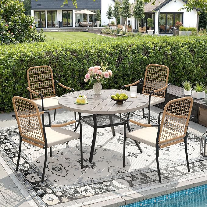 DIFY 5 Pieces Outdoor Dining Set, Metal Patio Table and Chairs Set for 4, 40.6" Round Dining Table with Umbrella Hole & Wicker Stackable Patio Chairs with Cushions, Grey Wood-Like Tabletop