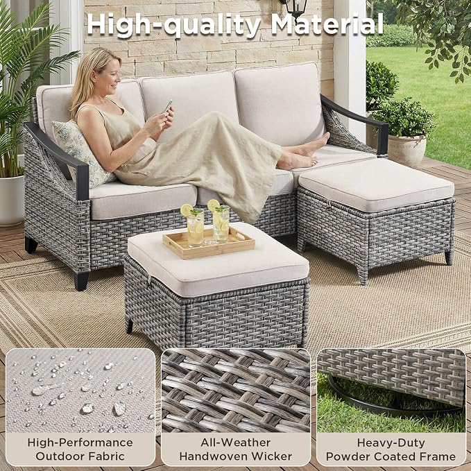 Patio Furniture Set with 42.5" Fire Pit Table-8 Pieces All Weather Wicker Outdoor Furniture with High Back Swivel Patio Chairs Set of 4 Outdoor Patio Conversation for Deck Garden Beige/Gray