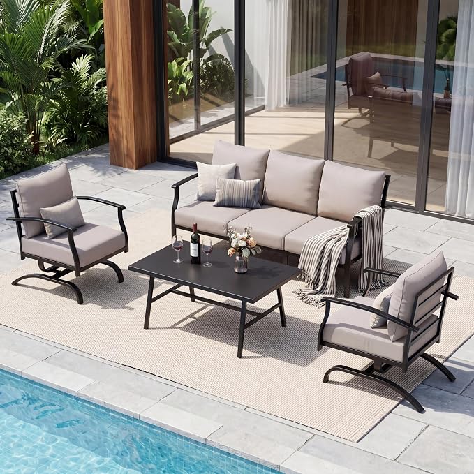 4 Piece Patio Furniture Set, Metal Outdoor Patio Furniture Set, All Weather Modern Couch Sofa with Comfortable Cushions & Coffee Table, Metal Conversation Set for Balcony, Porch, Deck (Khaki)