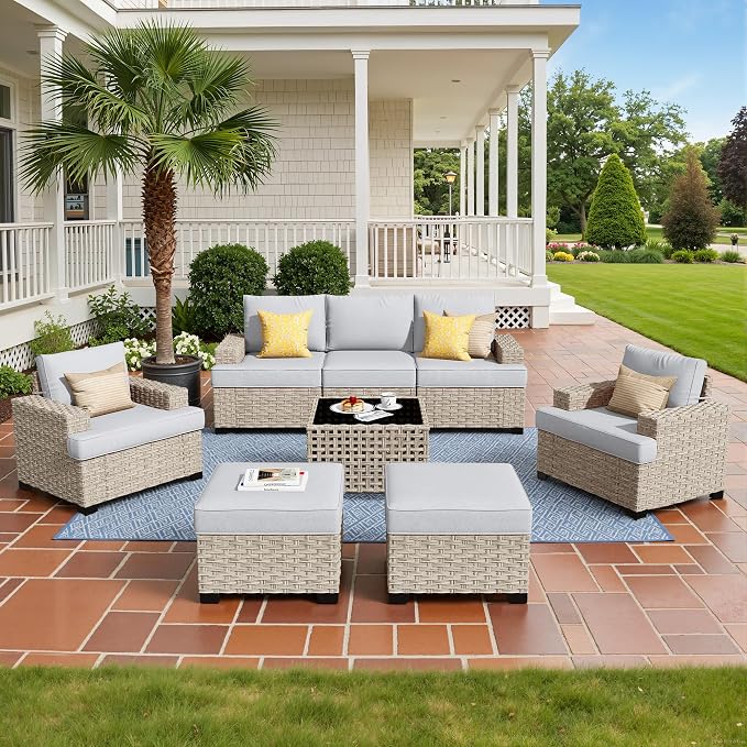 Weaxty 8 Pieces Outdoor Furniture Set, Patio Sectional Sofa Wide Seats Couch Chair with Ottoman Solar Table, Thick Cushion All-Weather Rattan Patio Conversation Sets for Backyard Porch Deck, Grey