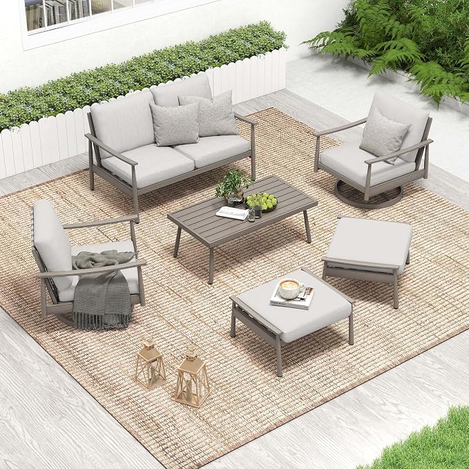 HAPPATIO Patio Outdoor Furniture Set - 6 Pieces Aluminum Outdoor Conversation Set with 1 Cushioned Loveseat, 1 Coffee Table, 2 Swivel Chairs, and 2 Ottomans for Yard, Porch, and Deck (Grey)
